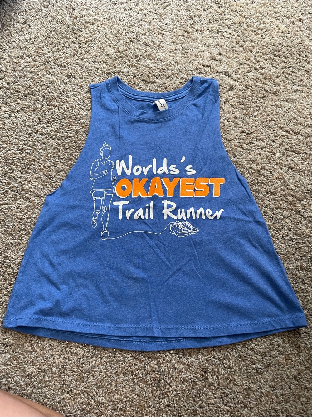 World's Okayest Trail Runner Women's Blue Crop Graphic Tank Top